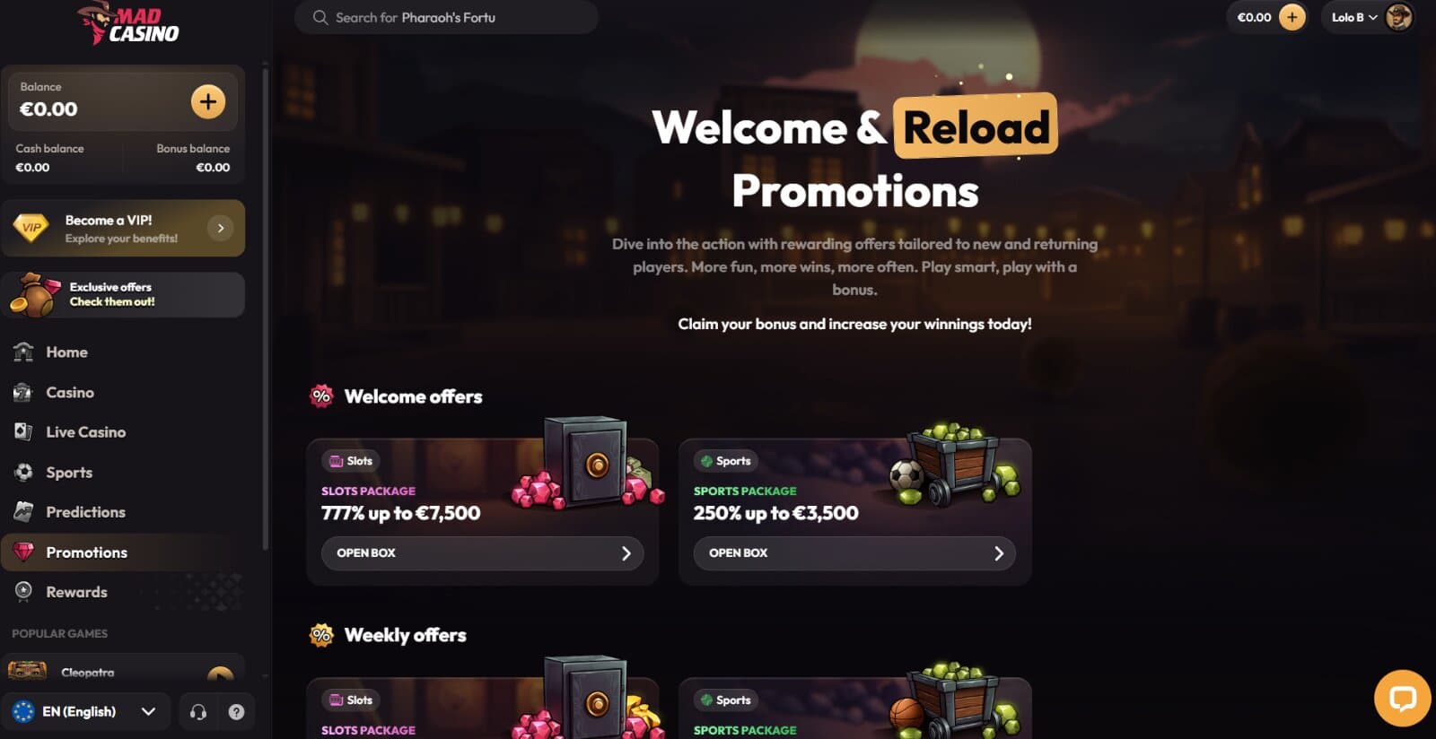 Mad Casino bonus page displaying multi-tier deposit match offers and free spins promotions