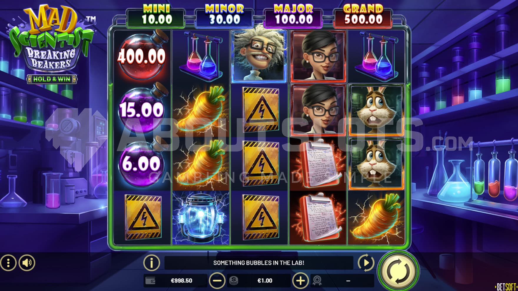 Base Game view of a 5x4 grid on a backdrop of a laboratory.