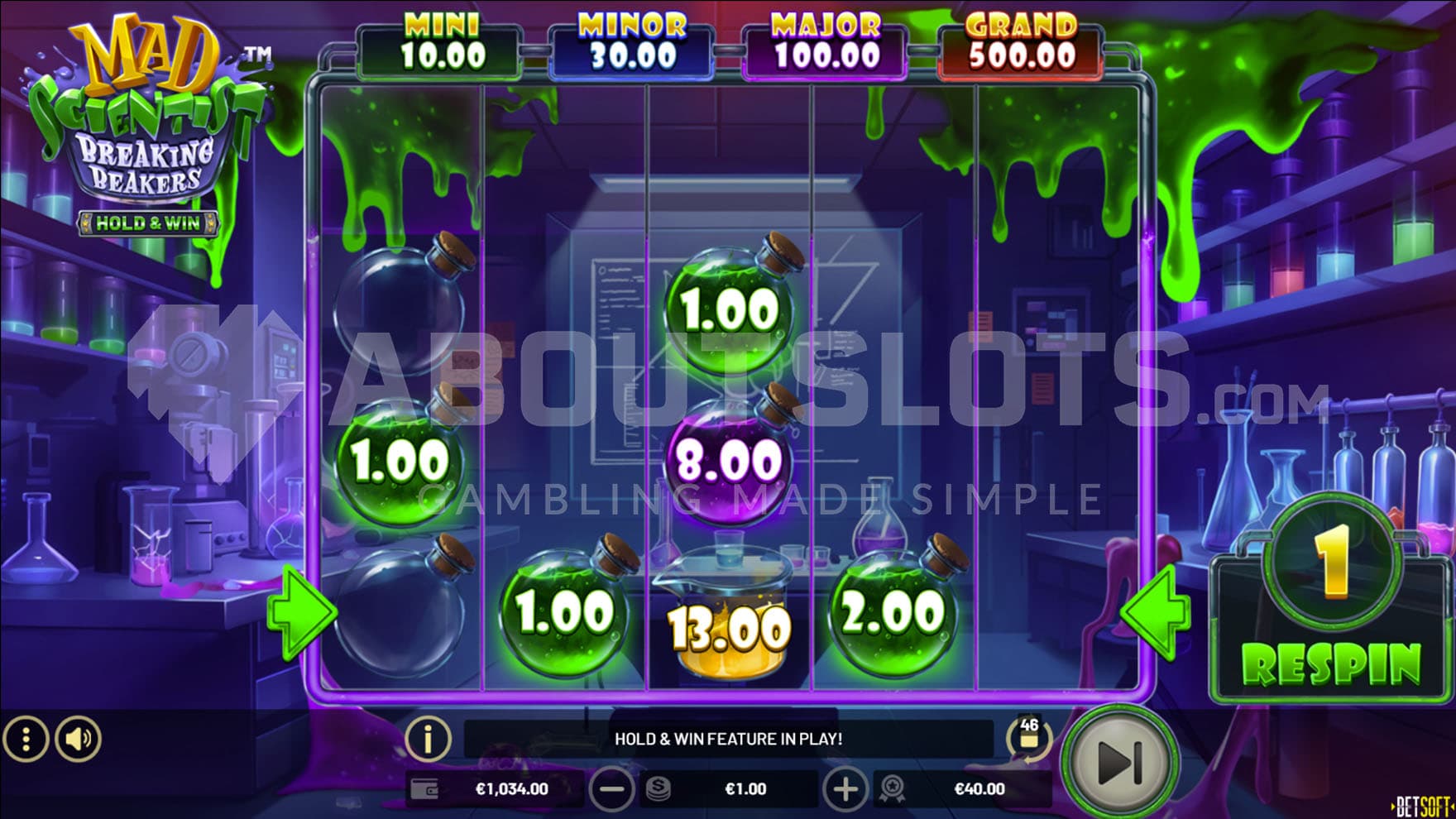Hold & Win bonus in progress with multiple cash symbols displayed on the reels.