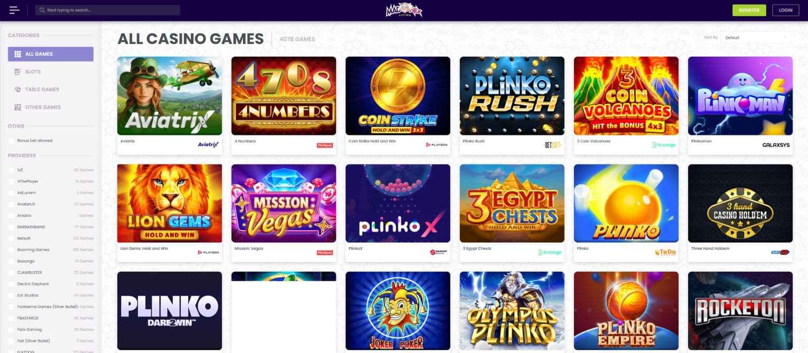 Madnix Casino games page showing a selection of slots and the fitler function on the left side