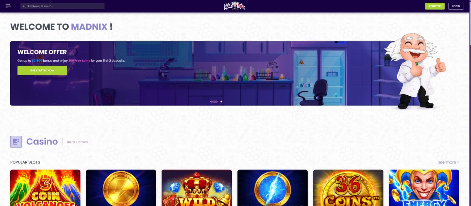 Madnix Casino landing page showing the welcome bonus offer and a few selected games