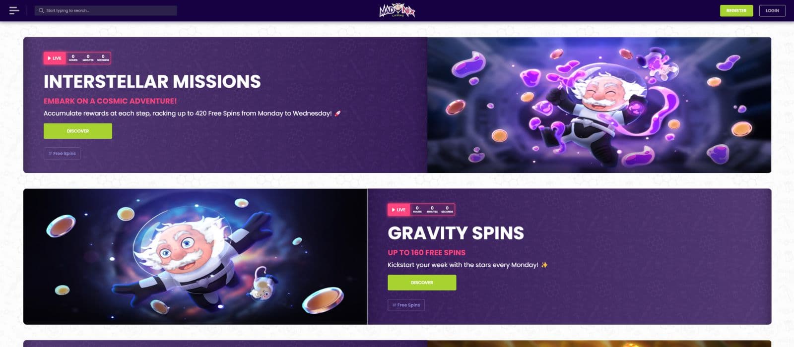 Madnix Casino promotions page with the available bonuses and promotions