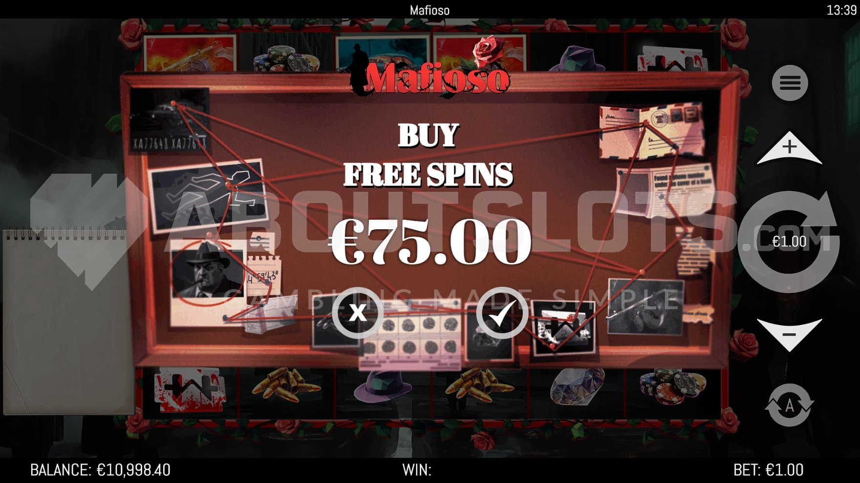 A screen offering the Free Spins for 75x the bet.