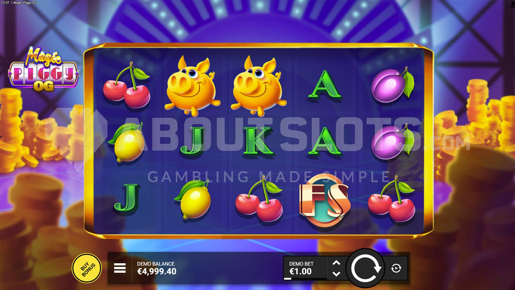 Base Game view of a 5x3 grid on a backdrop of a game show studio filled with piles of coins.