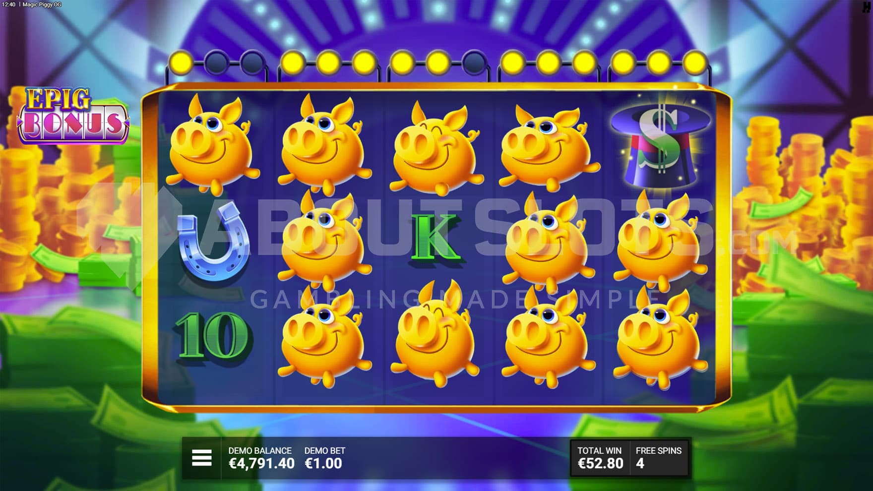 Epig Bonus in progress, showing most position on the grid populated by Magic Piggy symbols.