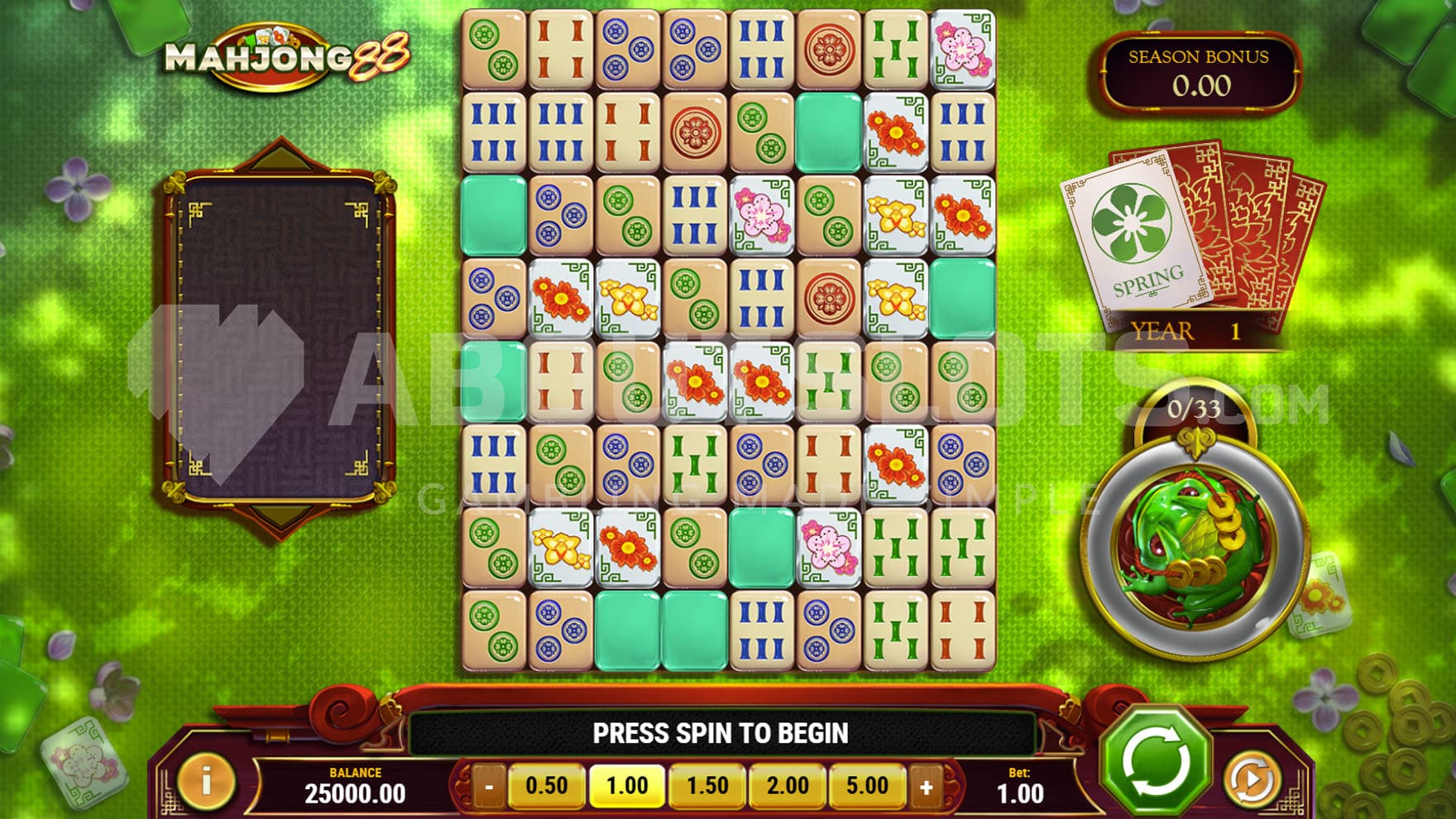 Base Game view of a 8x8 grid populated by rectangular mahjong tiles.