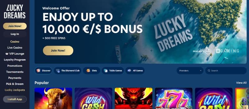 The main page for LuckyDreams where the welcome offer of 10,000 EUR is displayed.