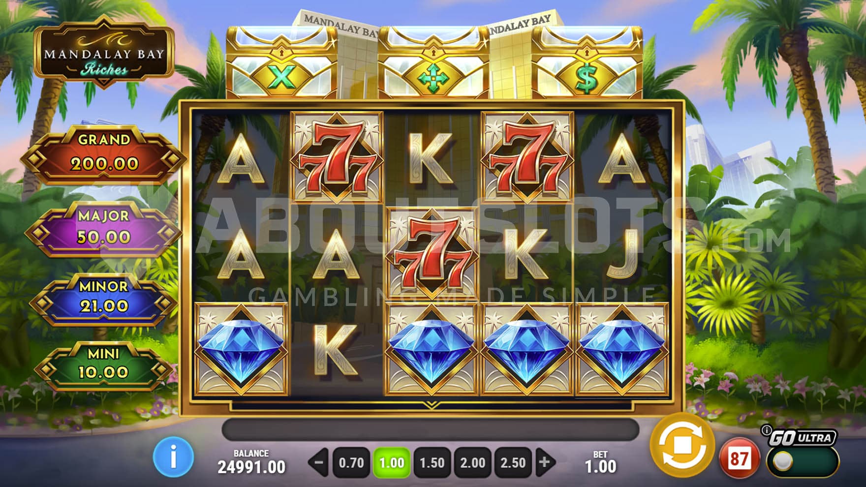 Base Game view of a 5x3 grid on a backdrop of a luxurious, tropical resort.