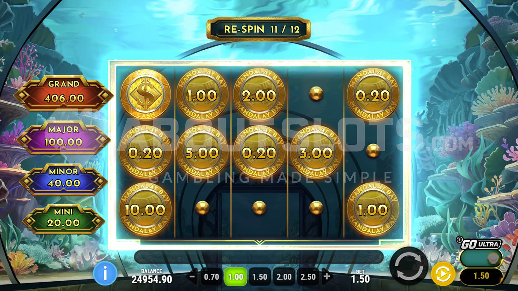 Hold & Win bonus in progress, showing multiple coins with cash prizes locked on the grid.
