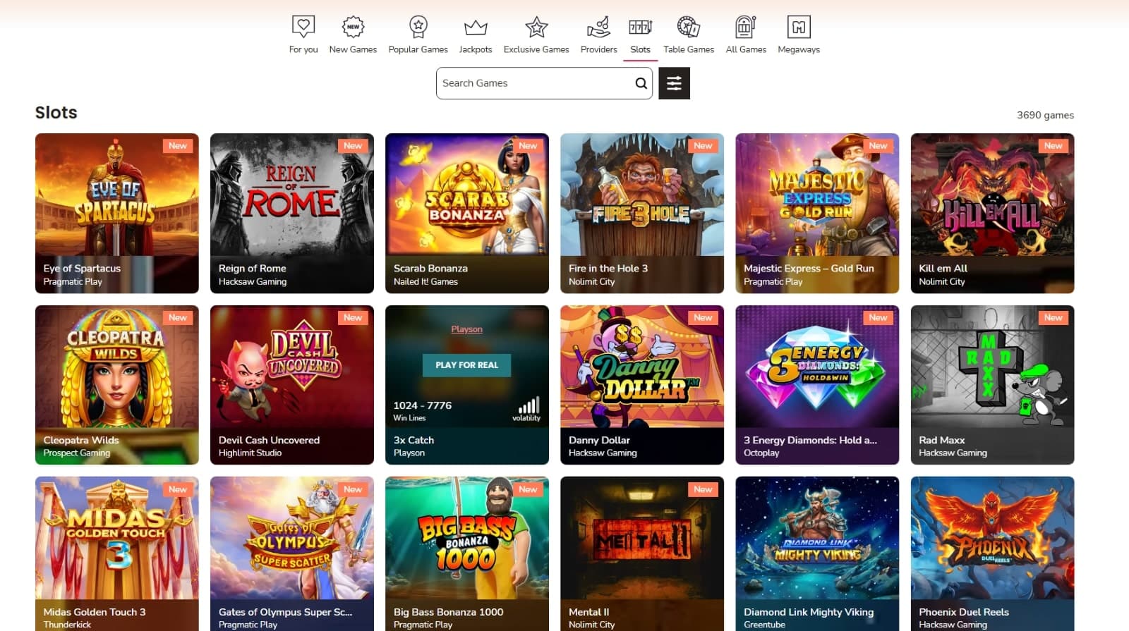 Maria Casino games page with slot titles such as Scarab Bonanza and Midas Golden touch 3 under search filter and game category tabs