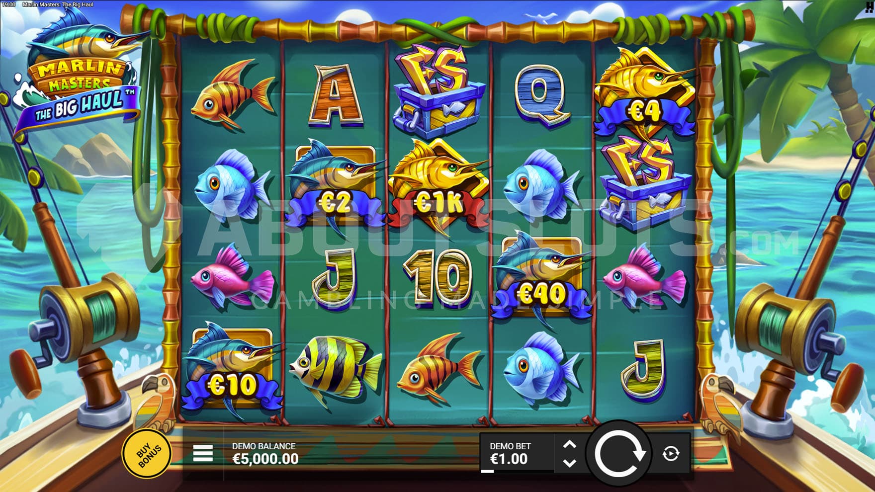 Base Game view of a 5x4 grid situated on a fishing boat sailing between tropical islands.