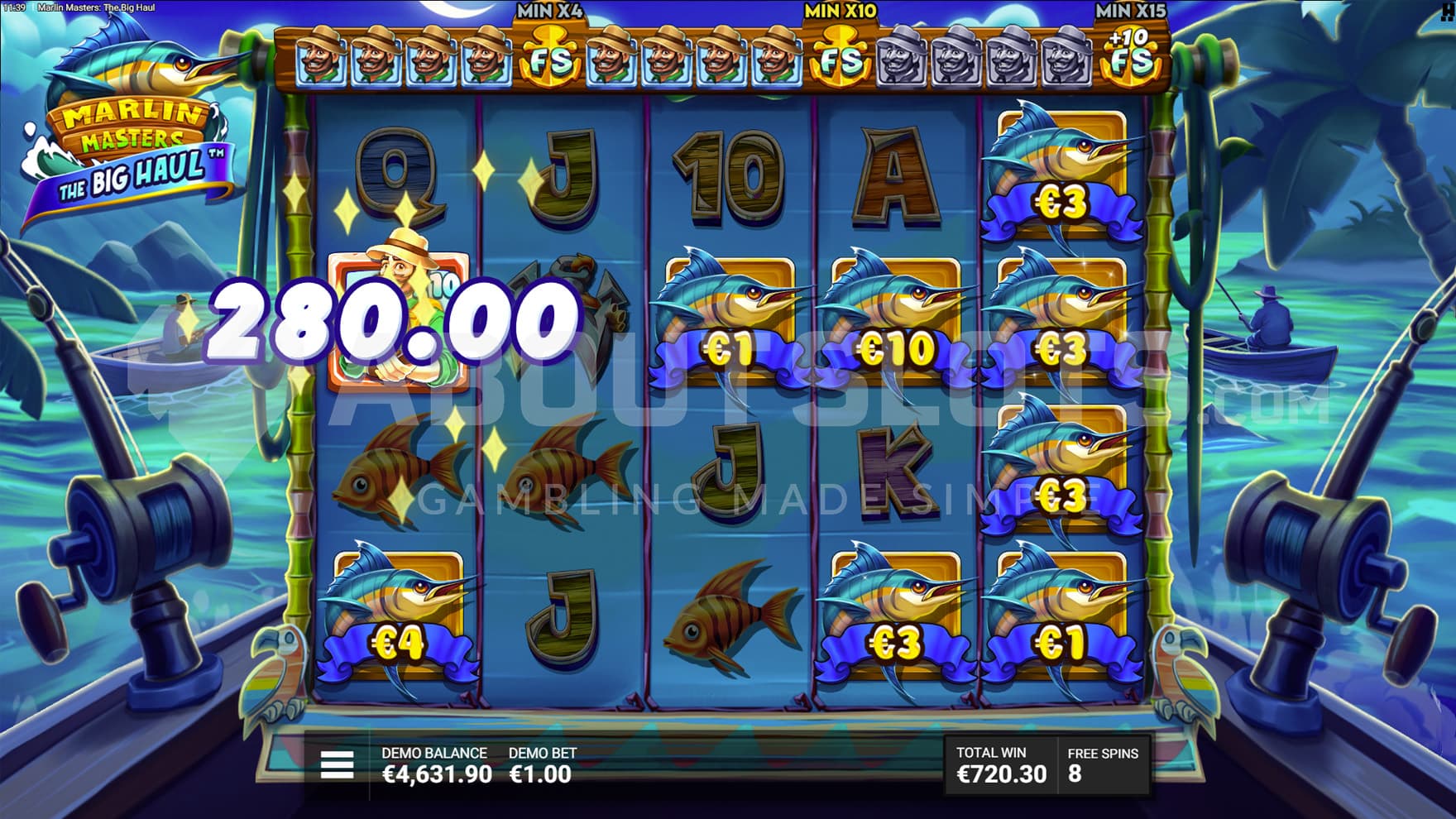 Free Spins bonus in progress, showing multiple cash symbols being collected by the Fisherman symbol with an x10 multiplier.