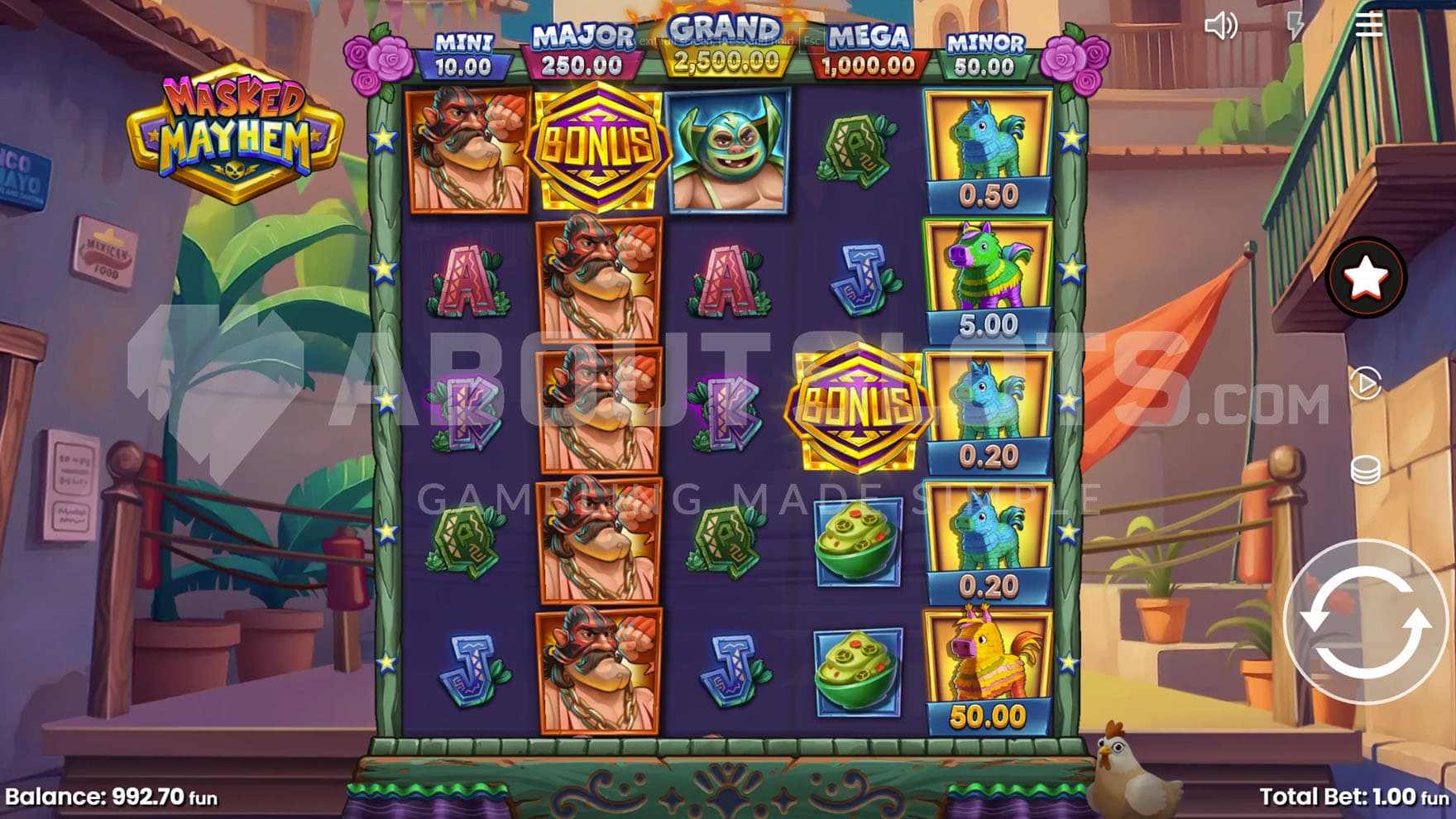 Base Game view of a 5x5 grid on a backdrop of a Mexican town, with a fighting ring in the middle.