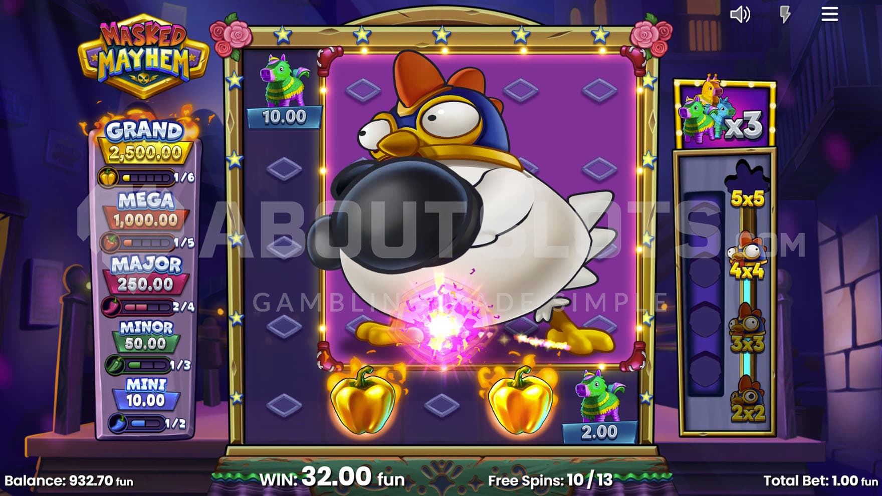 Free Spins bonus in progress, showing a giant 4x4 Win Zone, collecting various special symbols.