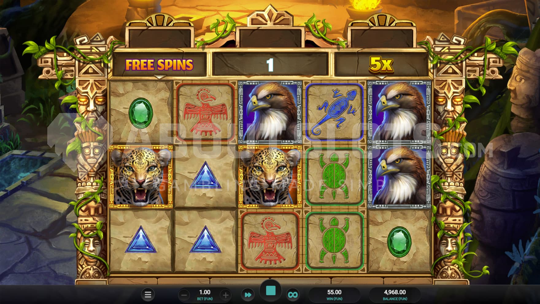 Free Spins bonus in progress, showing an x5 global win multiplier in play.