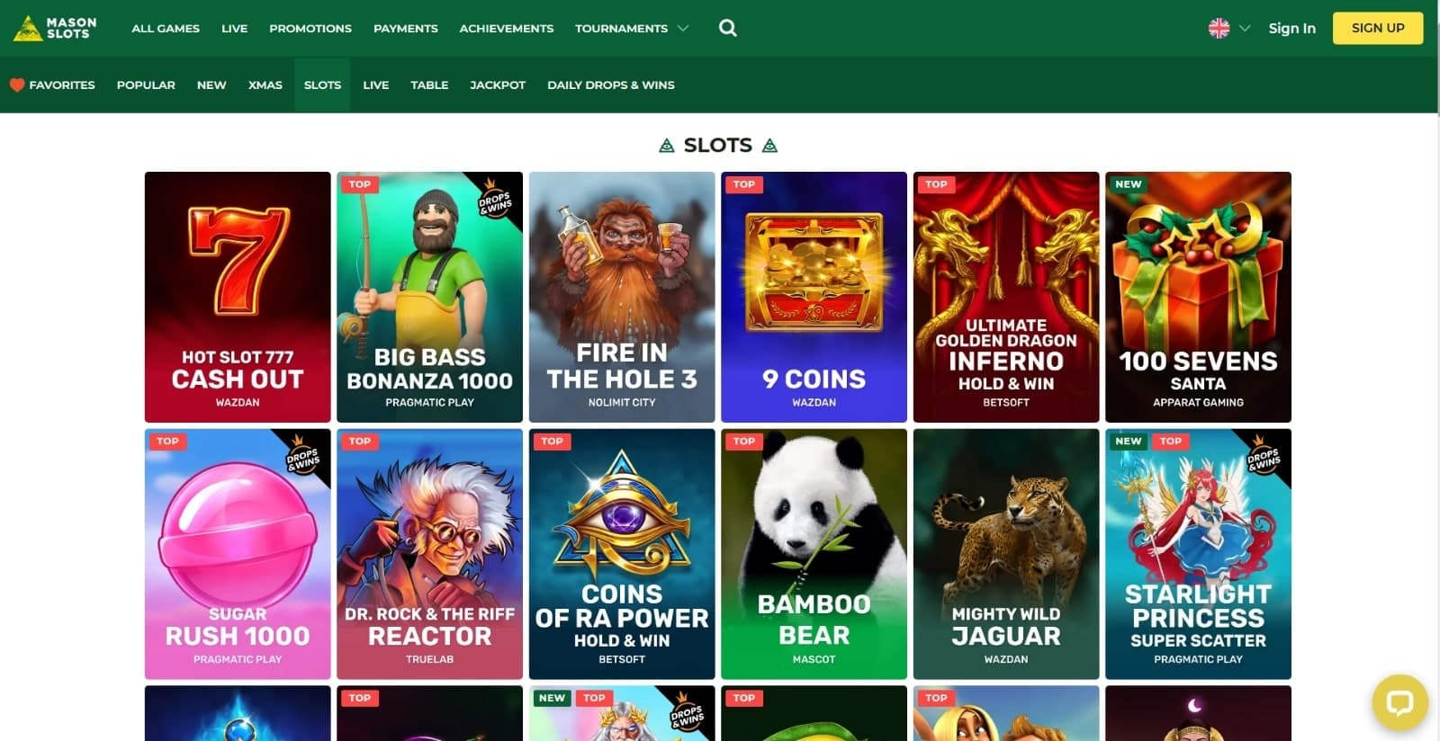 Mason Slots Casino games page with slots such as Big Bass Bonanza 1000, Fire in the Hole 3, 9 Coins and other titles, under the game categories and main page tabs