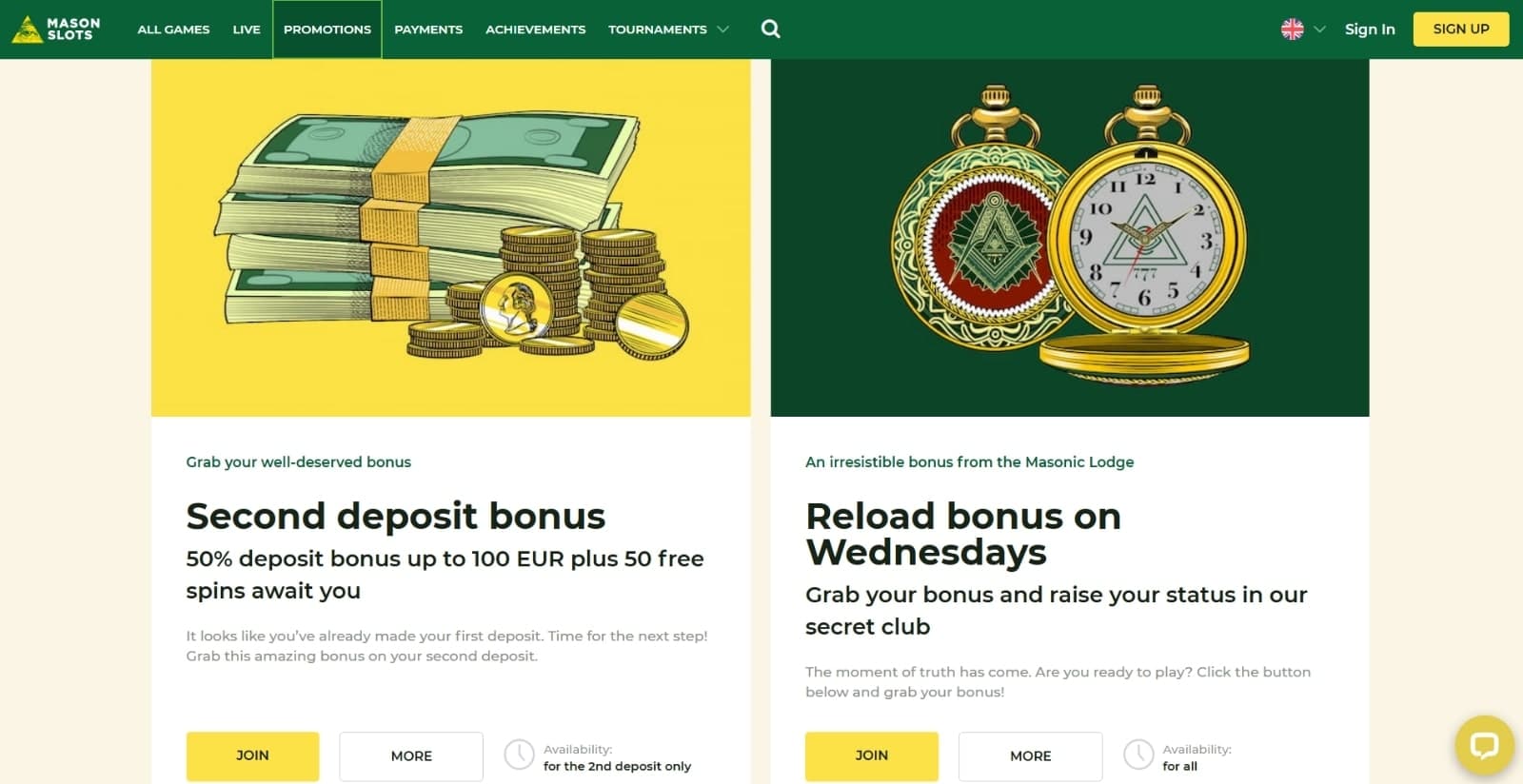 Mason Slots Casino promotions page with the welcome bonus package and reload bonuses with their respective descriptions