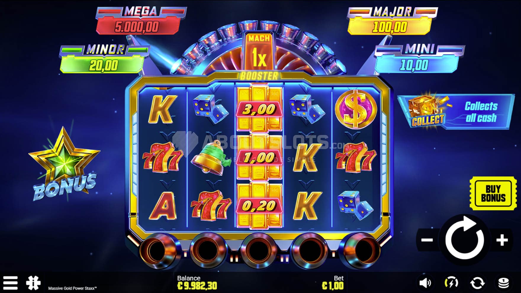 Screenshot of a base game with the futuristic 5x3 grid on a backdrop of outer space.
