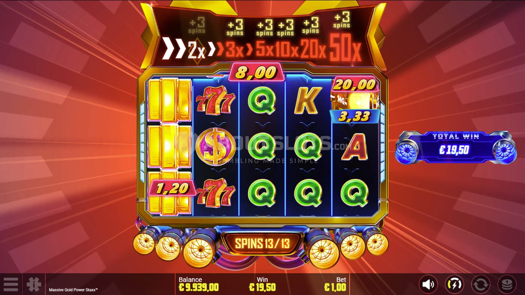 Screenshot of the Jet Spins bonus in progress, showing a collection triggered on reels 1 & 5.