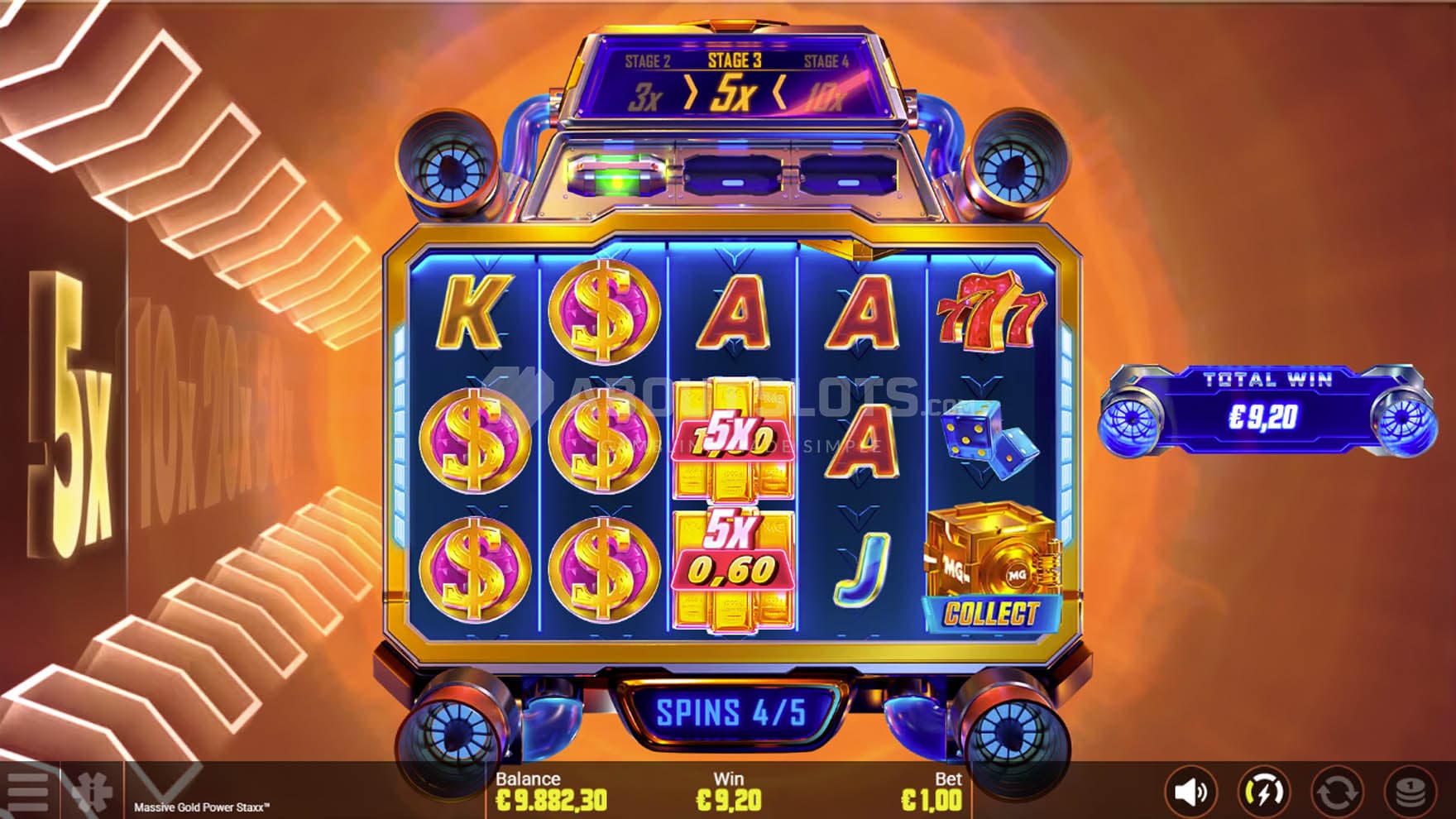Screenshot of the Overdrive Spins bonus in progress, advanced to stage 3 with a multiplier of x5.