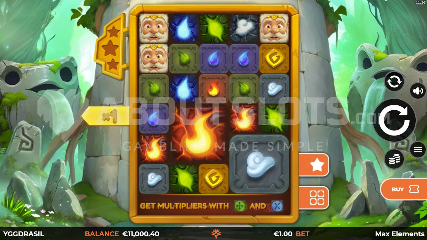 Base Game view of a 5x6 grid on a natural background of a druid sanctuary.