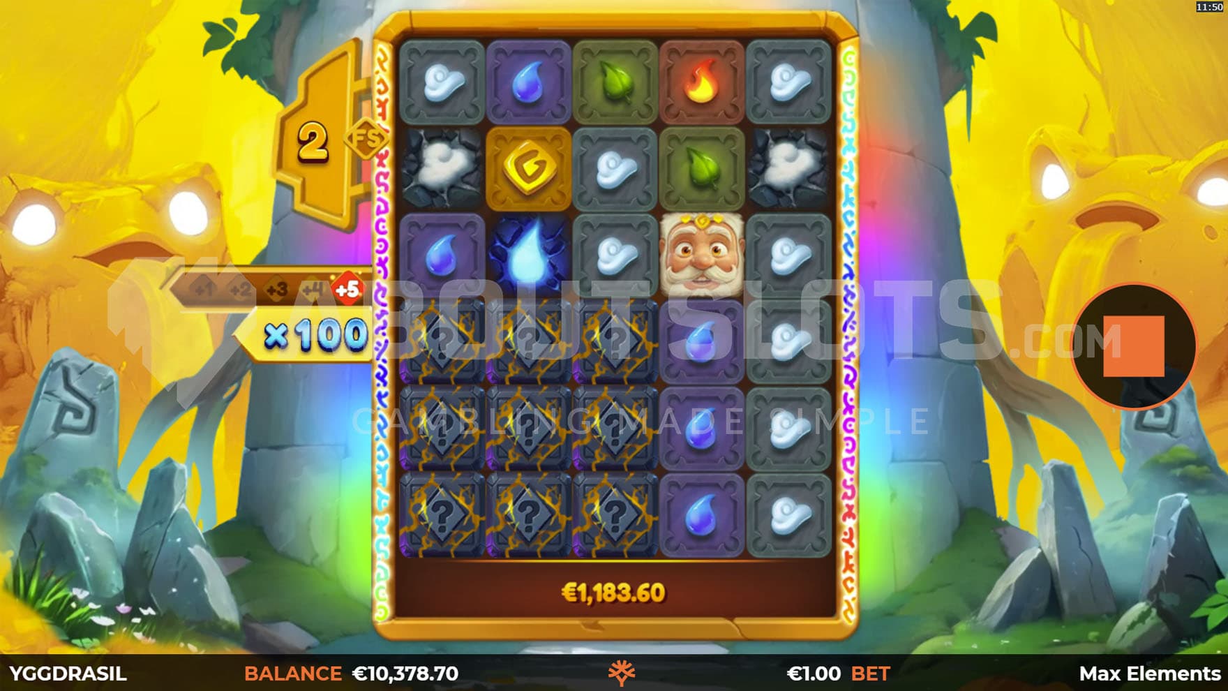 Super Free Spins bonus in progress with a x100 progressive multiplier and multiple Mystery Symbols on the grid.
