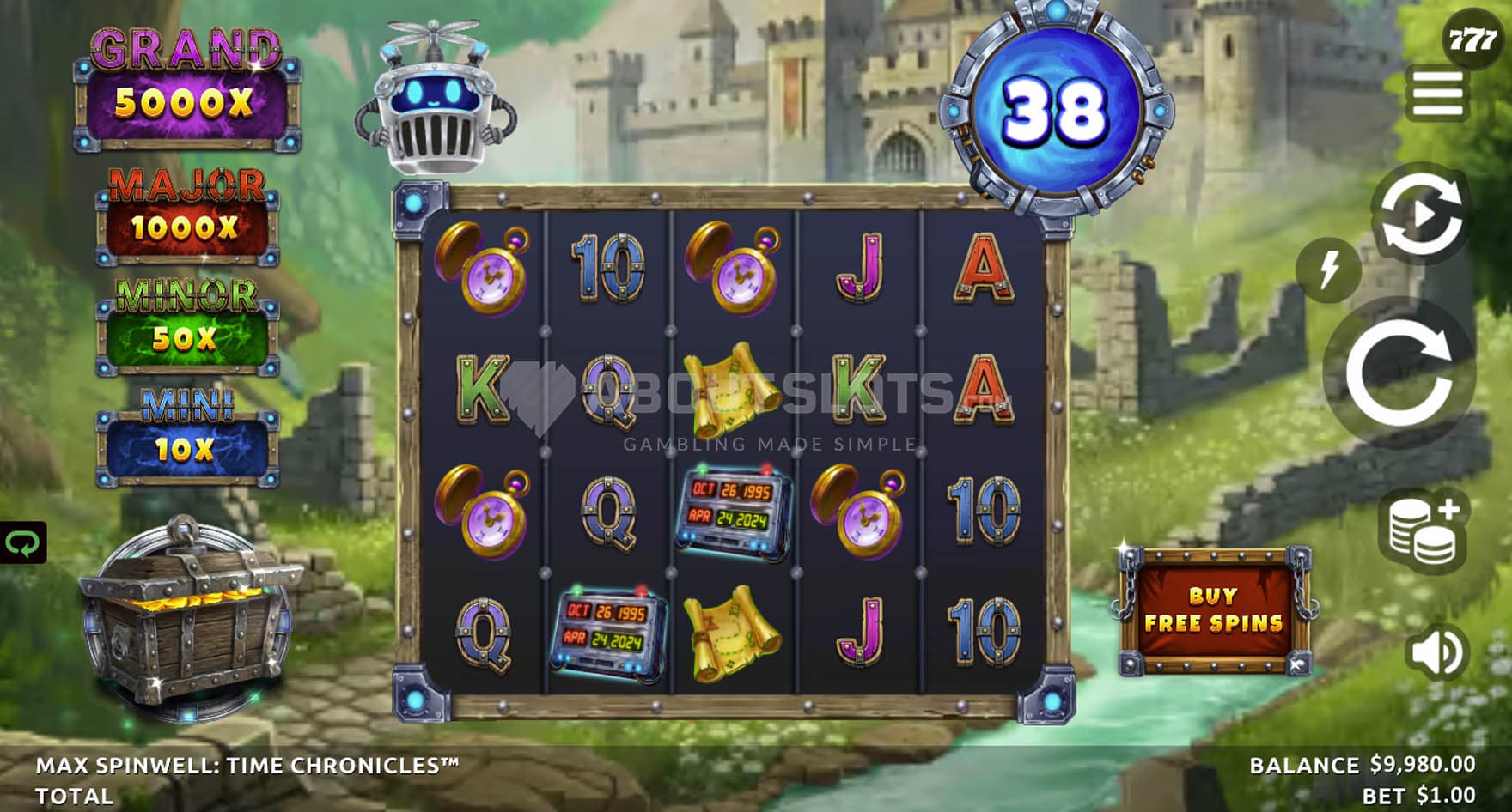 Screenshot of a base game, showing a 5x4 grid on a backdrop of a medieval castle.