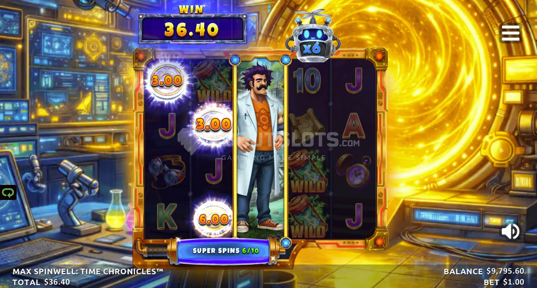 Screenshot of the Free Spins bonus in progress, with the expanded Wild symbol collecting cash prizes.