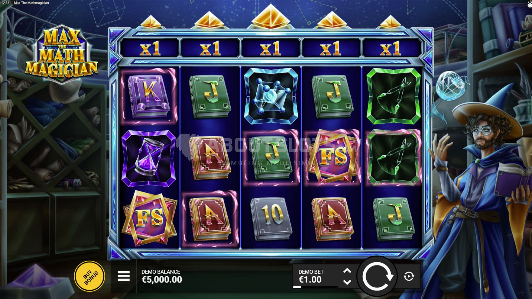 Screenshot of the base game, showing a 5x3 grid on a backdrop of a room with a wizard standing on the right.