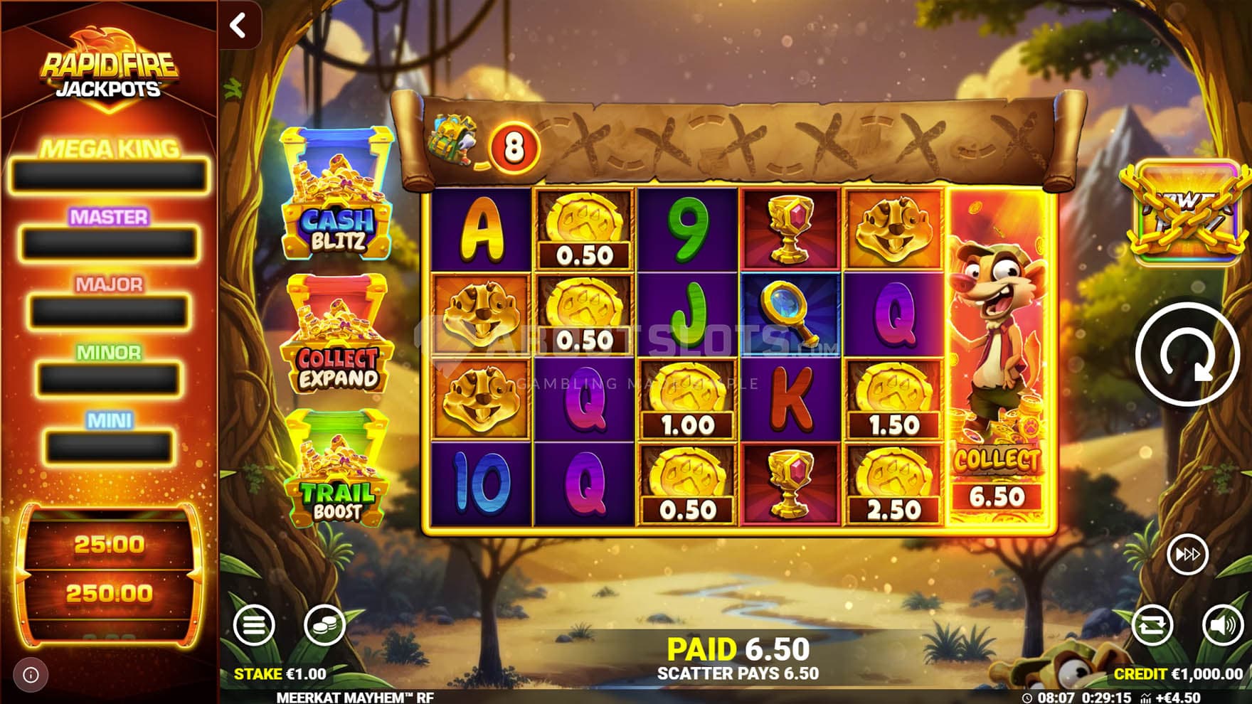 Screenshot of the Collect feature triggered in the base game on reel 6.