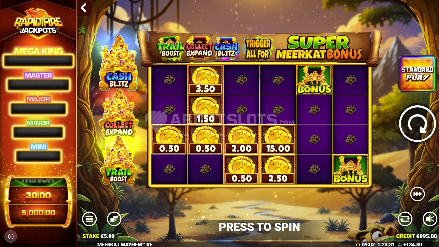 Screenshot of the Power Play feature activated, with only Cash, Collect, and Bonus symbols on the reels.
