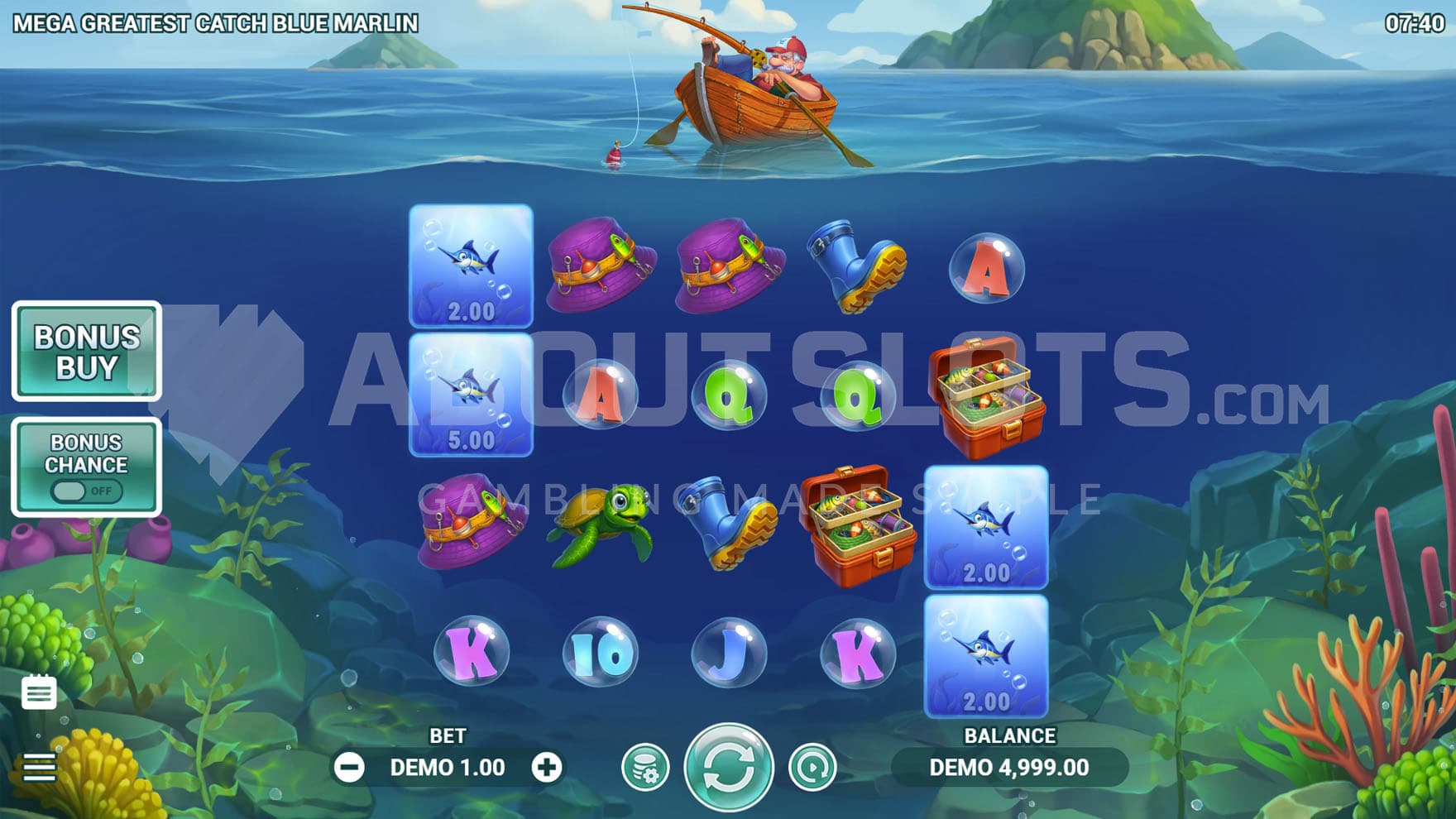 Base Game view of a 5x4 grid underwater, with a fisherman on a boat above the surface.