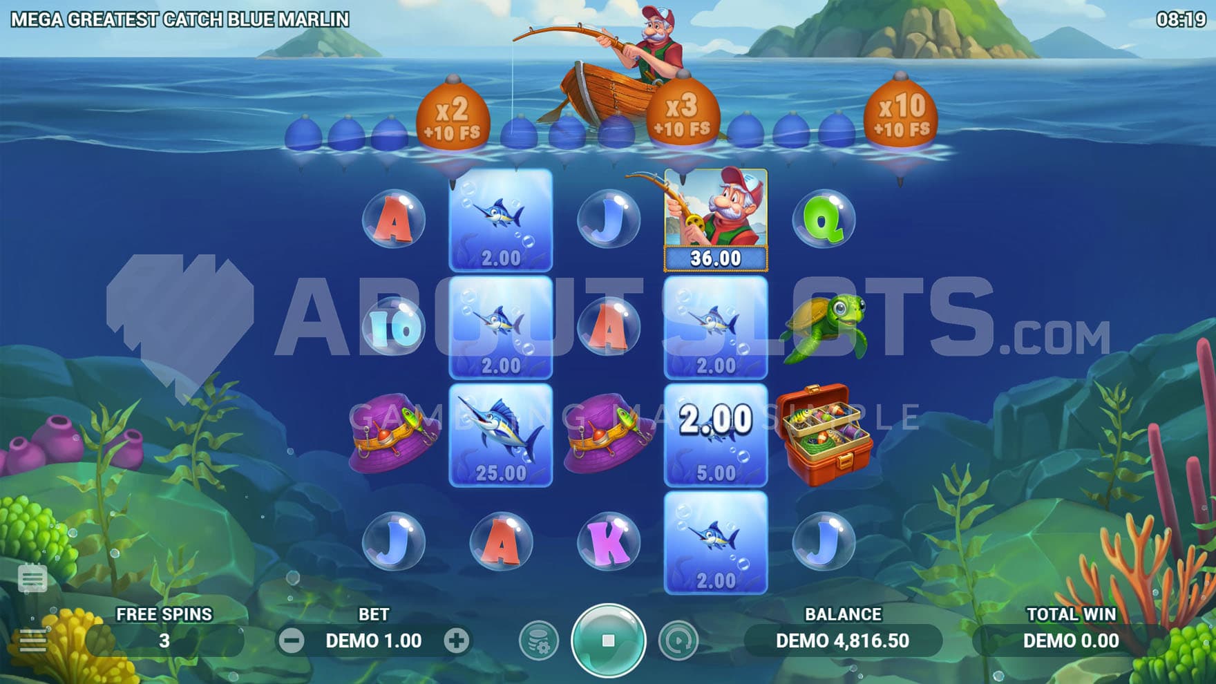 Free Spins bonus in progress, showing a Fisherman Wild collecting prizes from six Fish symbols.