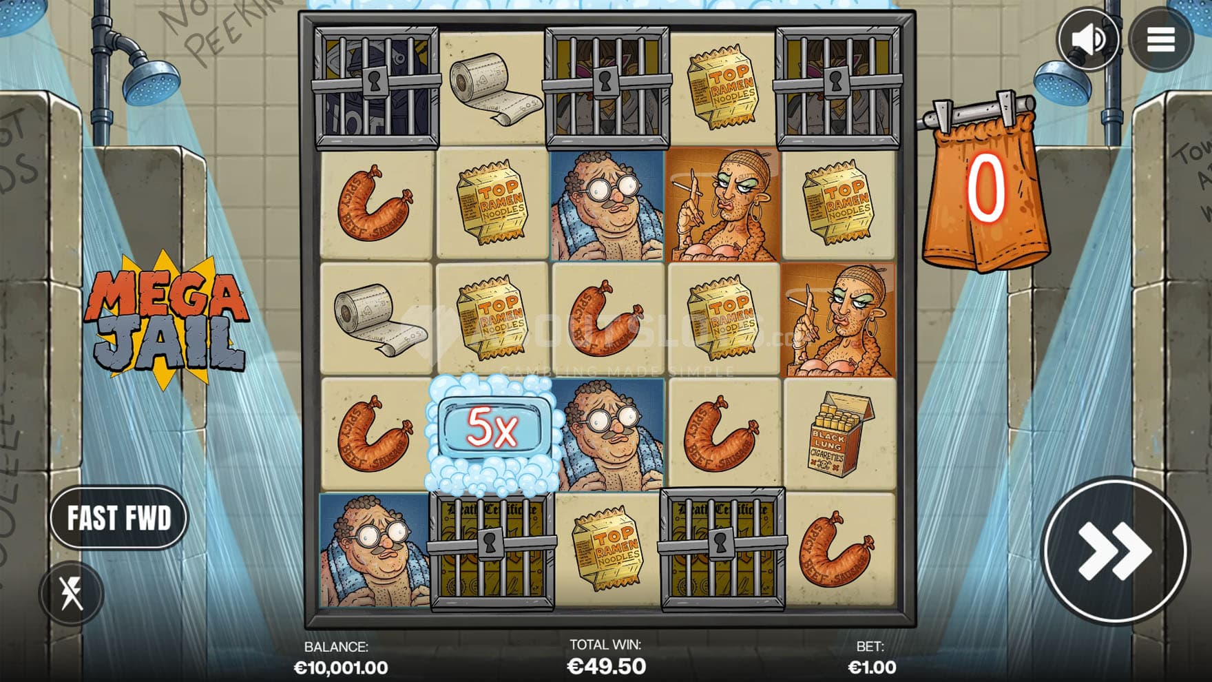 Screenshot of the Soaps Bonus in progress with one x5 Multiplier Wild on the grid.