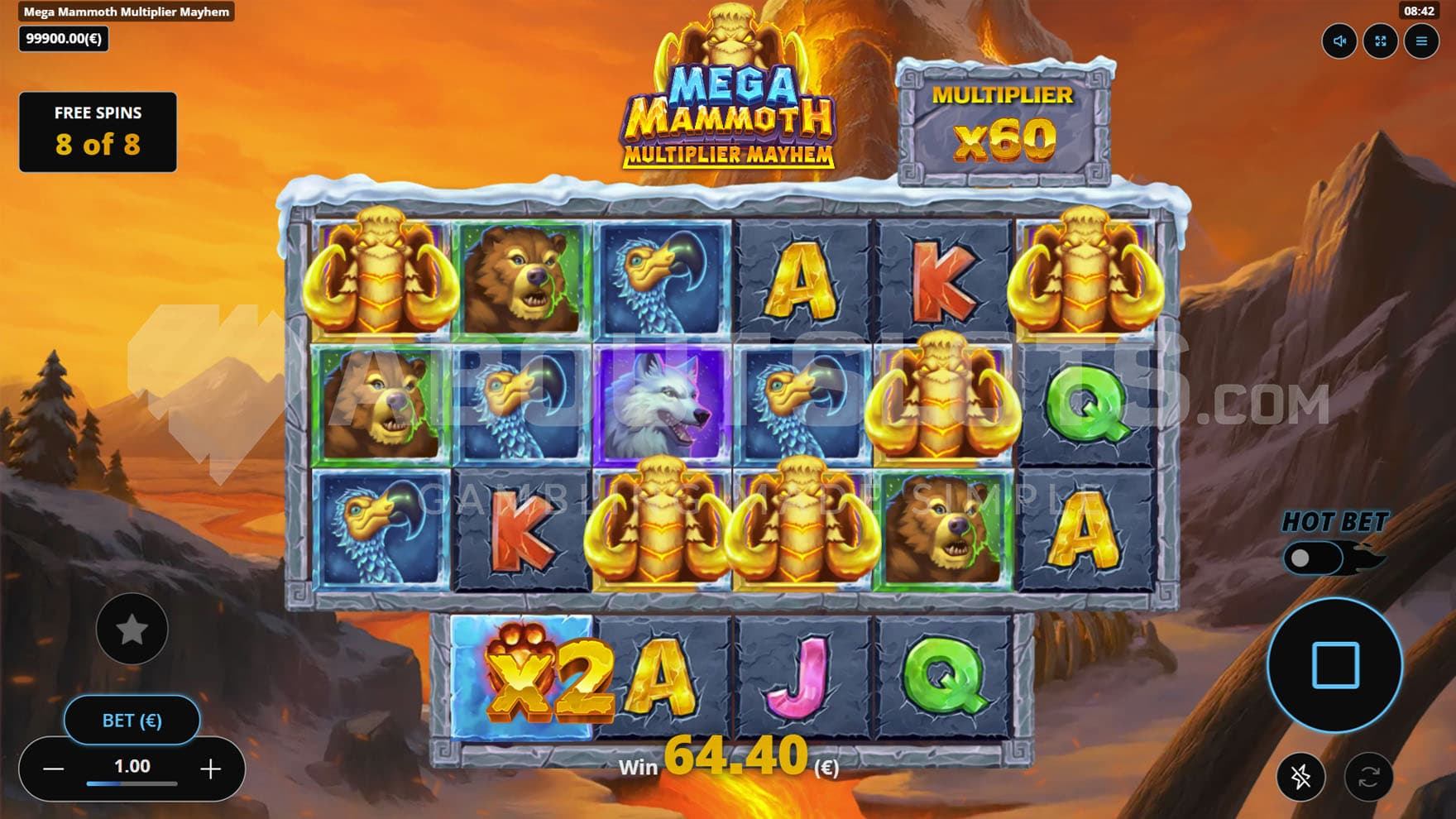 Free Spins bonus in progress, showing the global multiplier increased to x60 and a high win occurring on the grid.