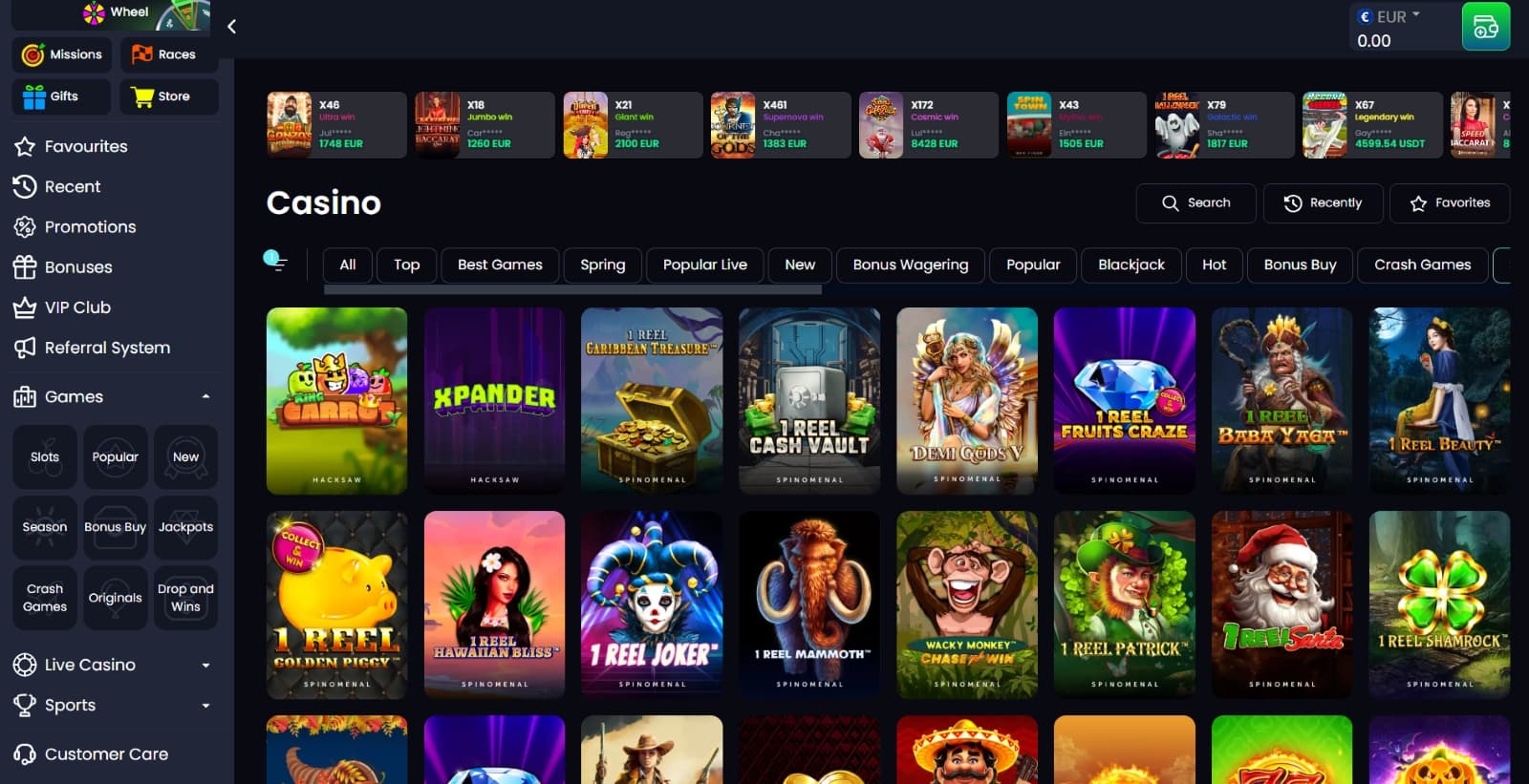 MegaBet Casino game pages presenting slot titles, crash games and card games