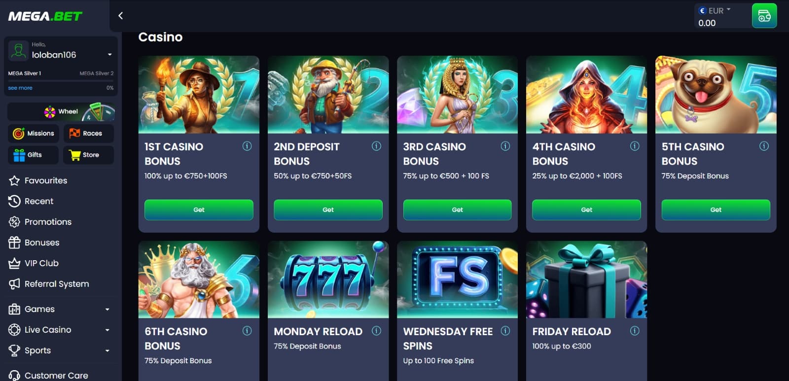 MegBet Casino promotions page with 6 part welcome package and weekly reload bonuses