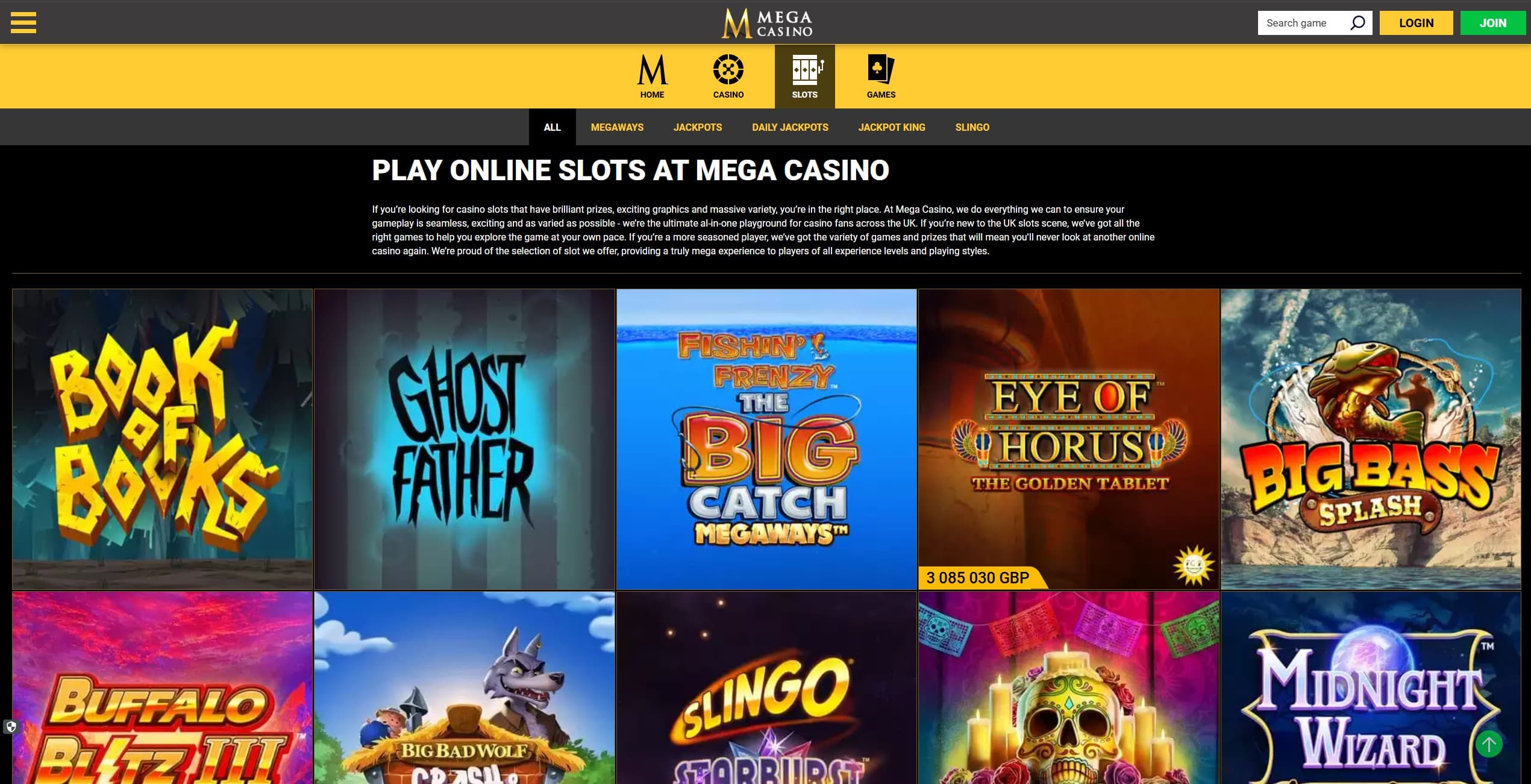 MegaCasino Games Page showing a selection of slot games