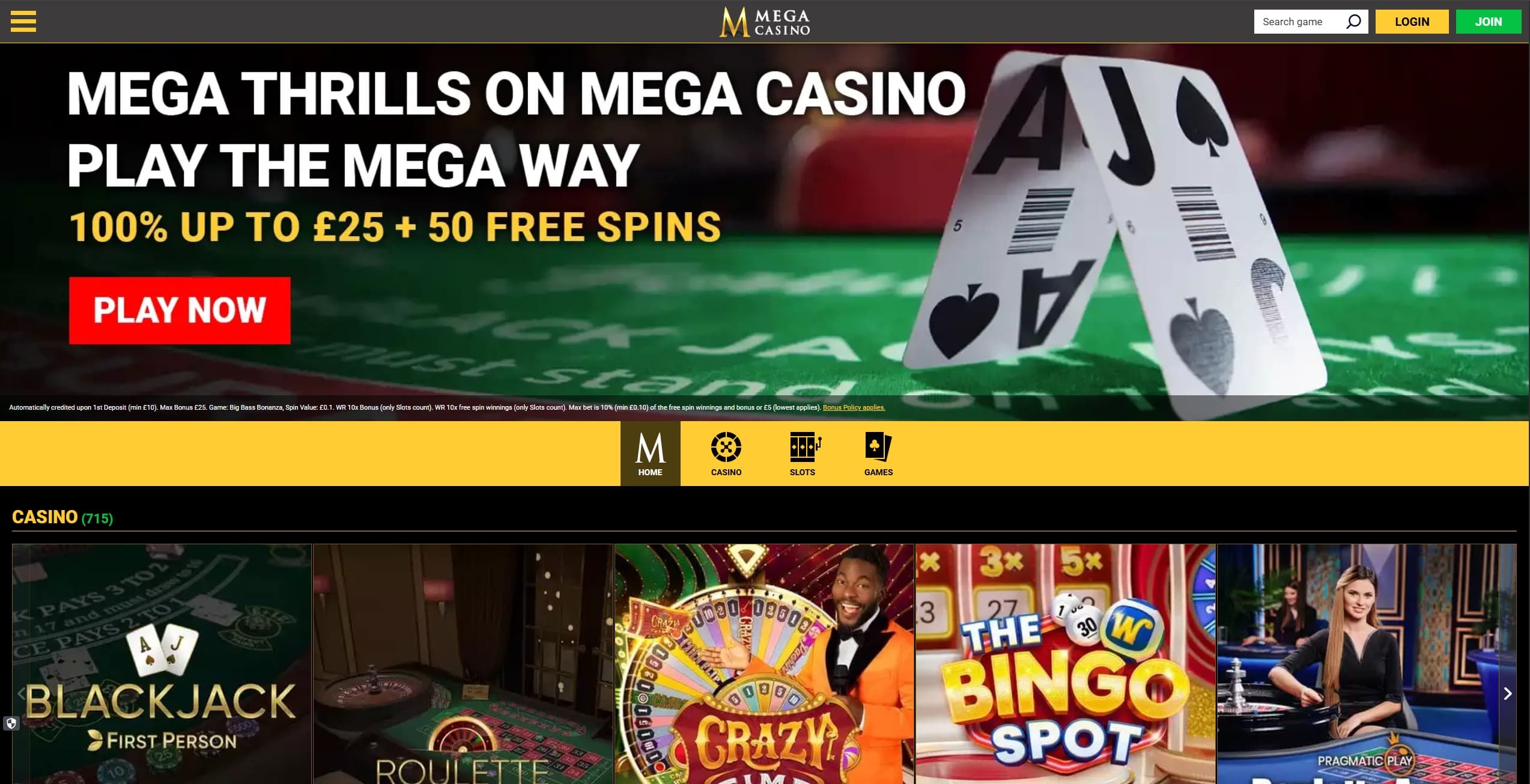 MegaCasino Landing Page showing a few games, the main menu and the welcome bonus offer