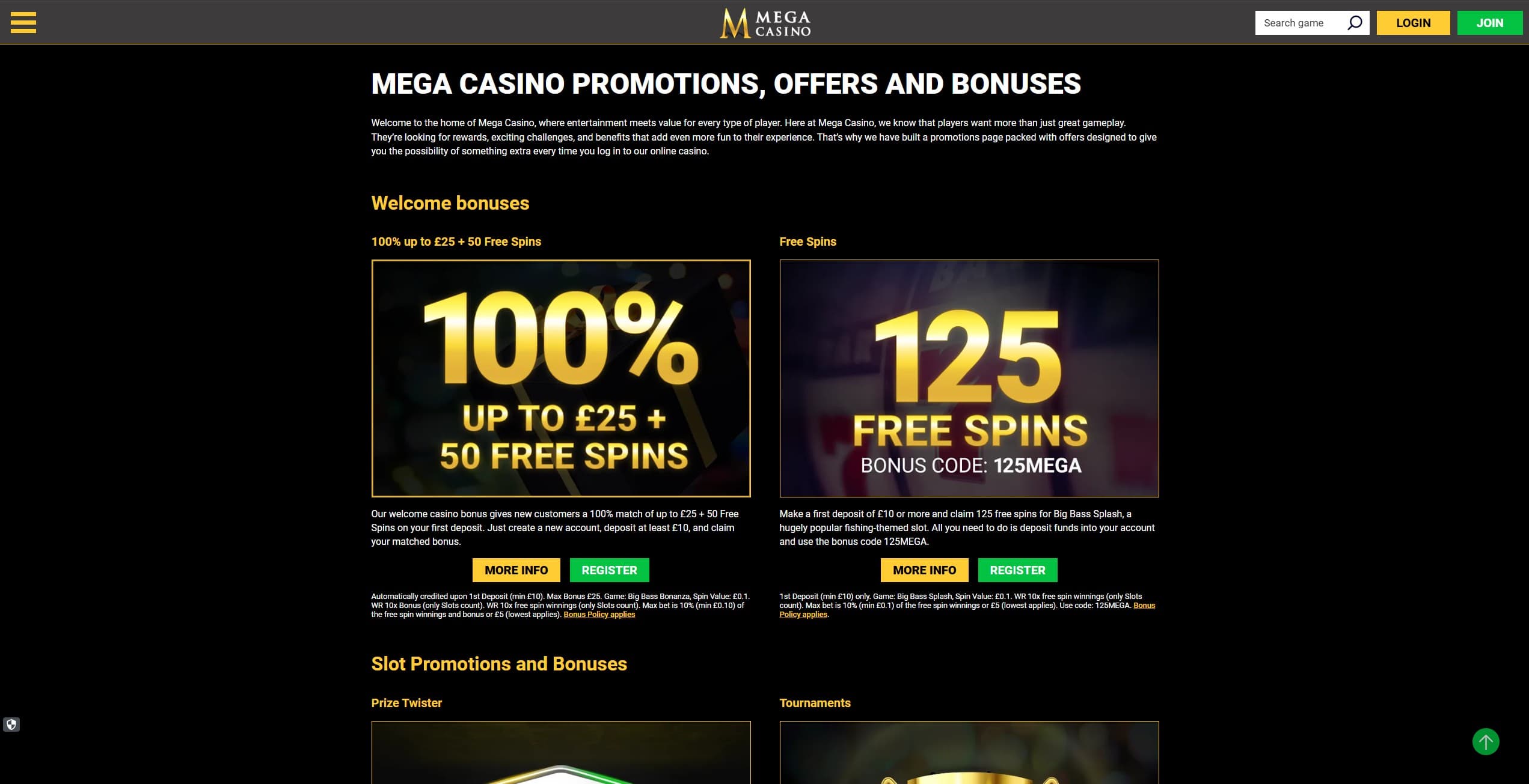 MegaCasino Promotions Page showing the available bonuses and promotions