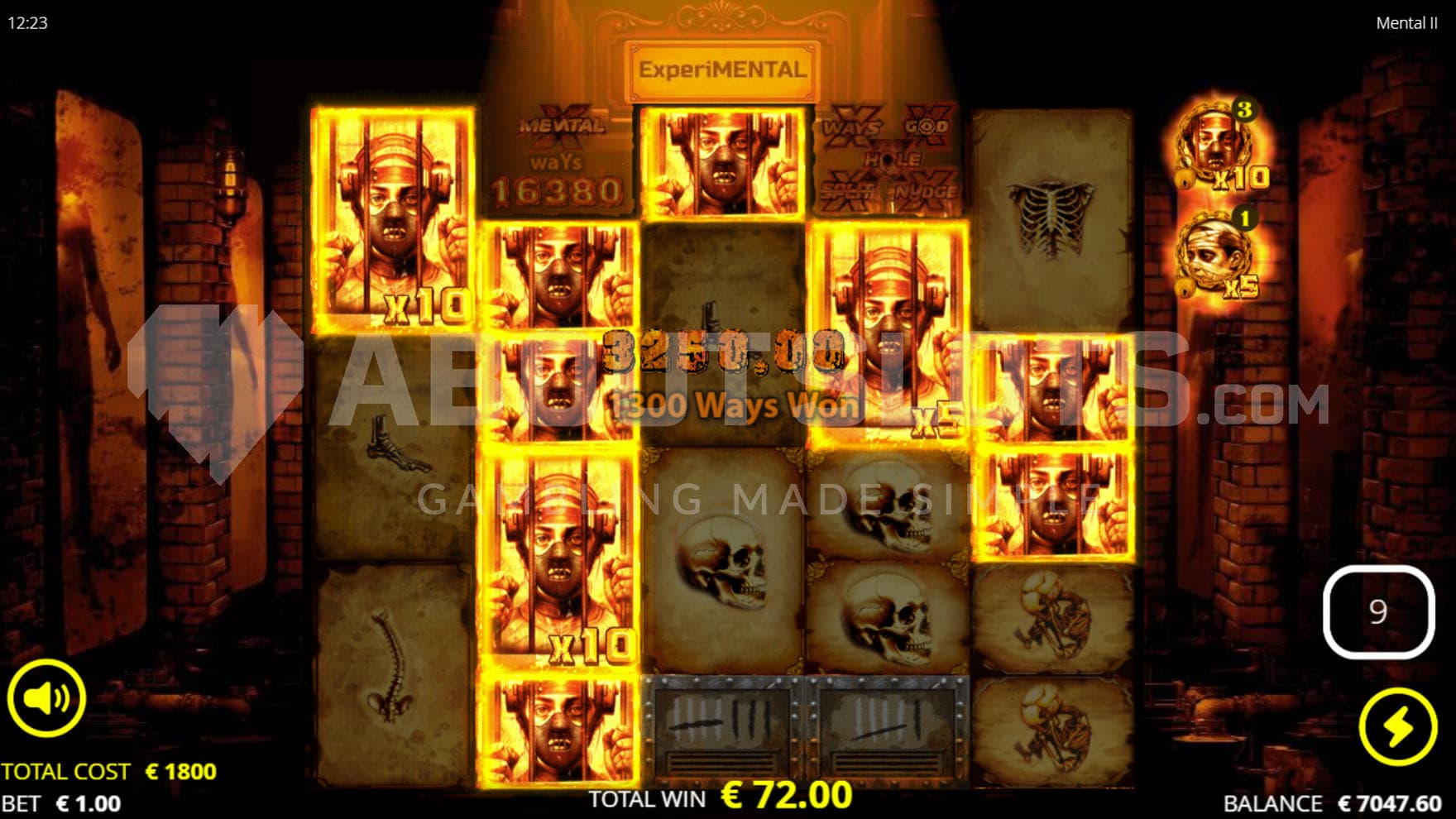 Experimental Free Spins showing two high-paying symbols with accumulated multipliers and a high win including the top symbol on the reels.