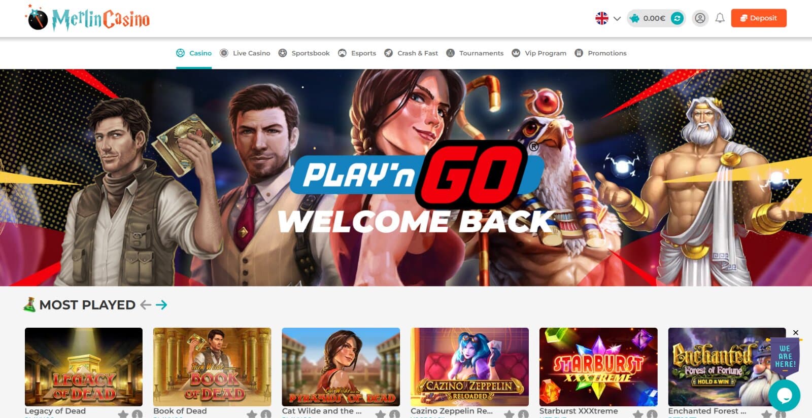Merlin Casino's games page featuring Play'n GO provider banner, slots and table game images and menus