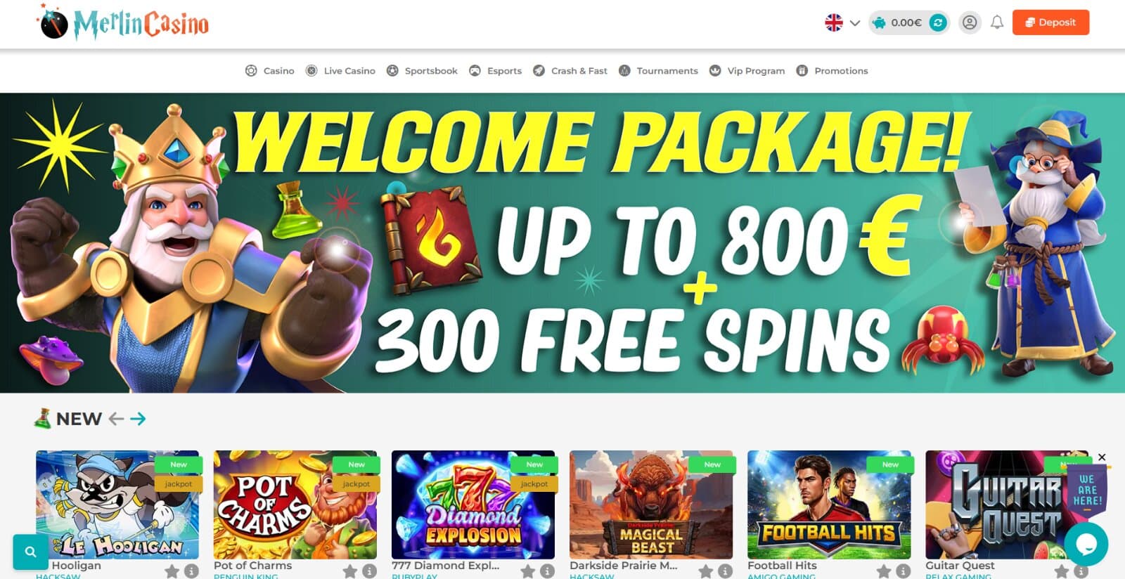 Merlin Casino's landing page featuring the wager free welcome bonus of 800 eur and 300 free spins with banner of wizard, and newest slots section