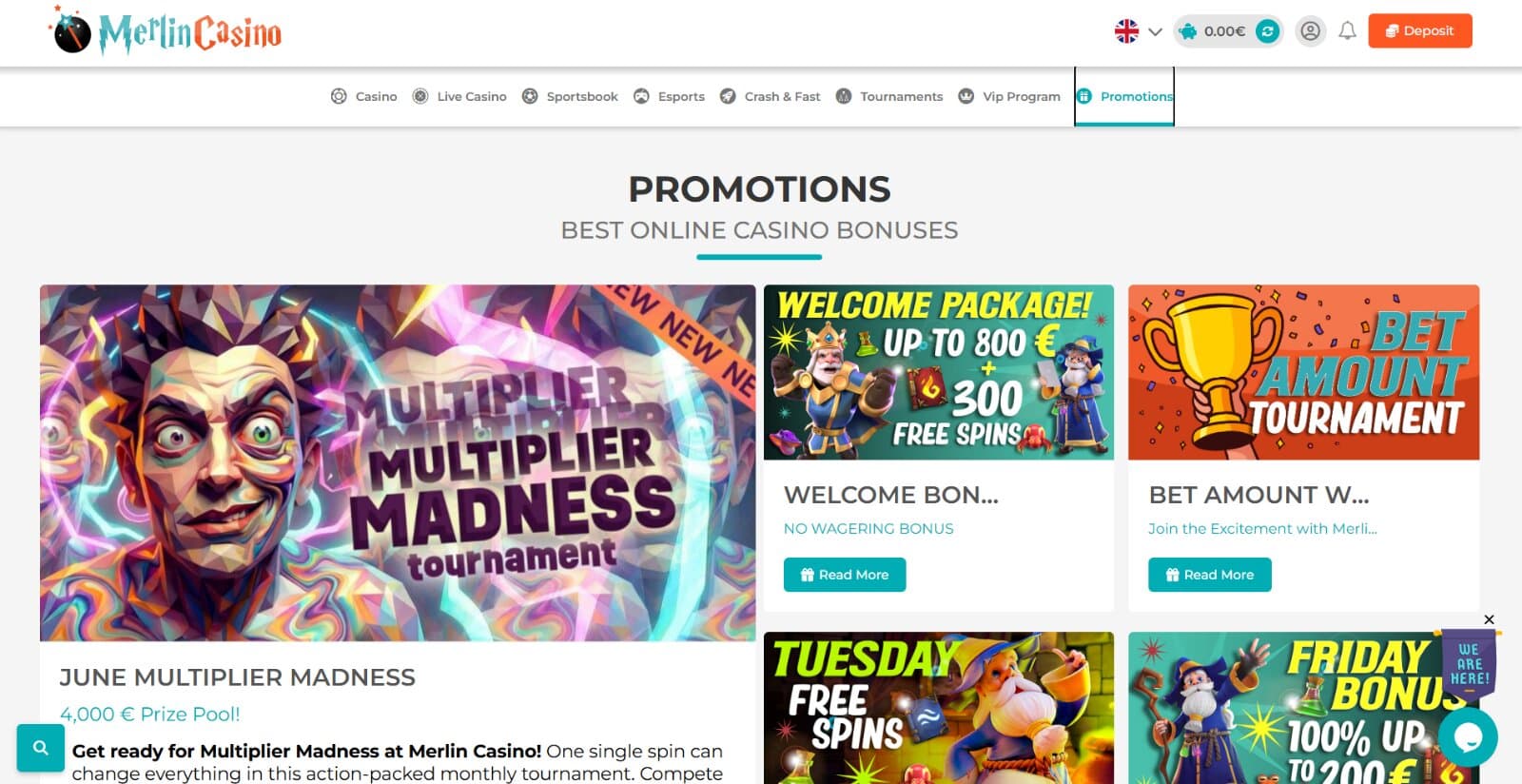 Merlin Casino's promotions page featuring the no wager bonuses, weekly slot tournaments and multiplier promotions