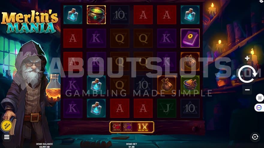 A casino slot with a wizard next to the reels.
