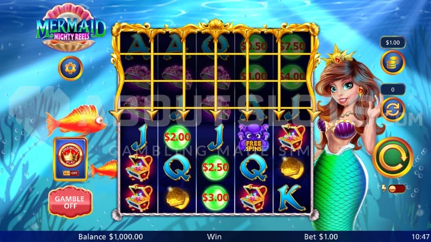 A casino slot with a mermaid next to the reels.