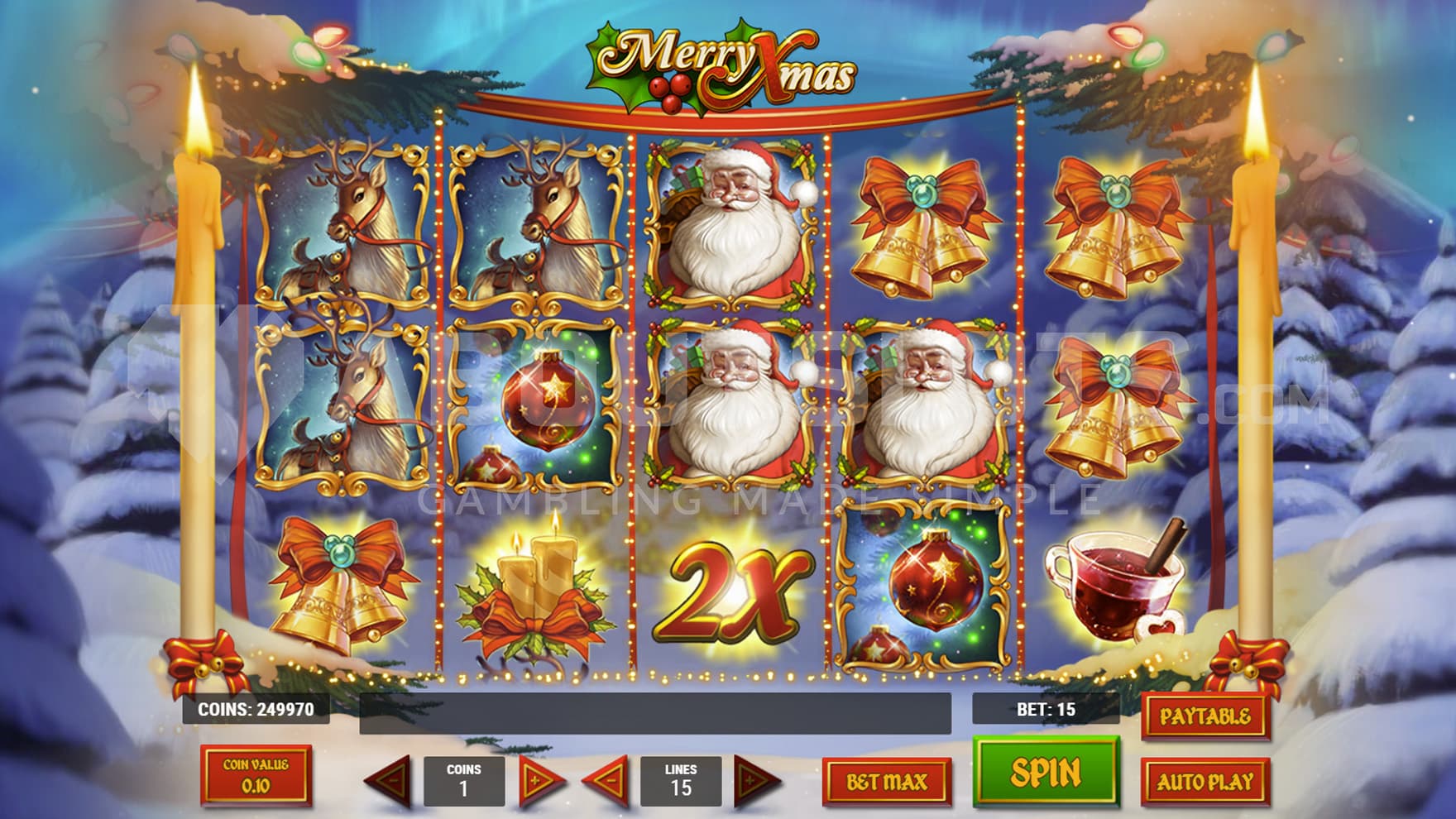 Base Game view of a 5x3 grid on a backdrop of a snowy forest.