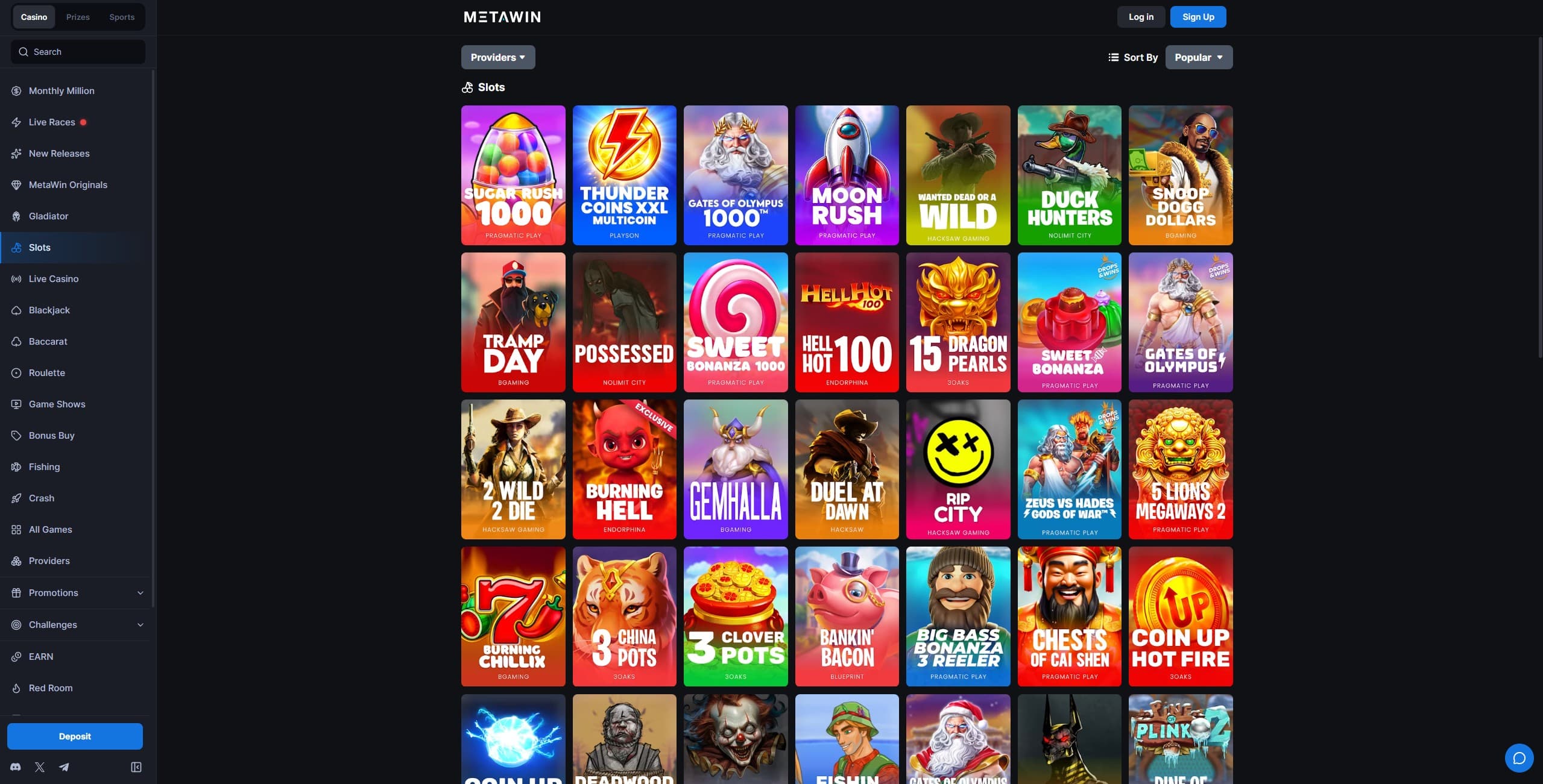 Metawin Games Page showing a selection of games and the different categories in the main menu