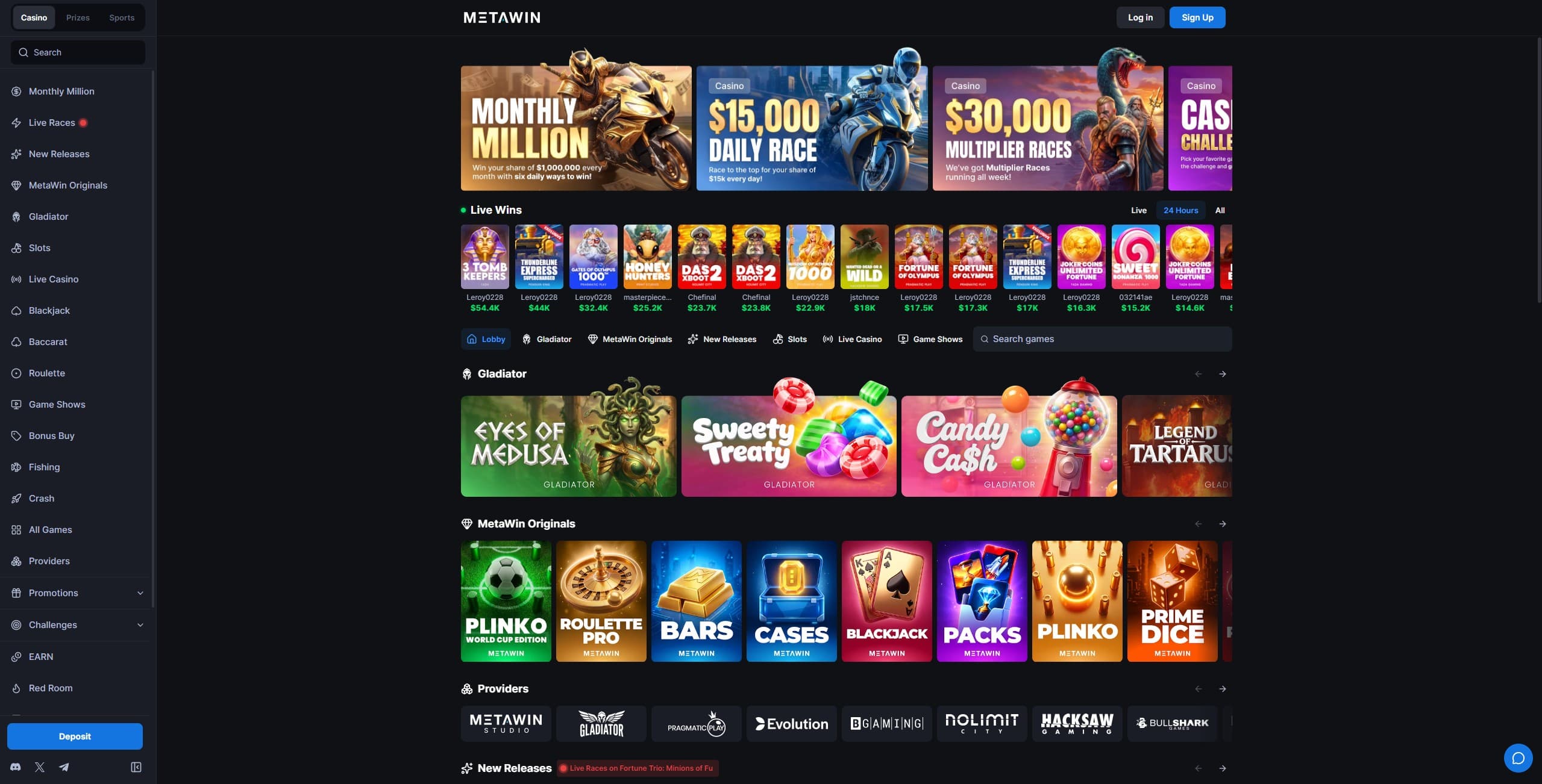 Metawin Landing Page showing a selection of games and the main menu