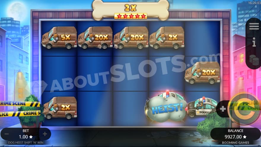 Shift 'N' Win bonus game where you can see cash-filled van symbols.